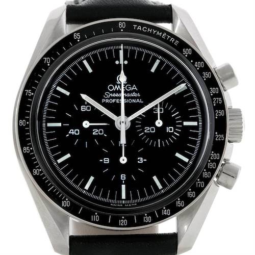 The image shows a front view of an Omega Speedmaster 3570.50.00 Men's Stainless Steel Black Dial 3570.50.00 Men's Stainless Steel Black Dial watch, highlighting its dial, hands, bezel, and pushers.