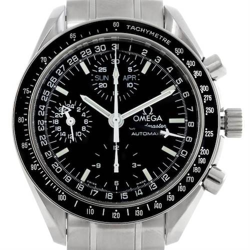 This image shows the front view of the Omega Speedmaster 3520.50.00 Men's Stainless Steel Black Dial 3520.50.00 Men's Stainless Steel Black Dial watch, displaying its black dial, tachymeter scale, and chronograph features.