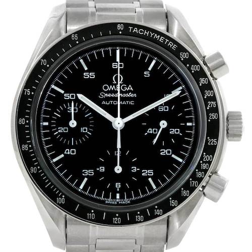 The image shows the Omega Speedmaster 3510.50.00 Men's Stainless Steel Black Dial 3510.50.00 Men's Stainless Steel Black Dial watch from a front angle, displaying its dial, bezel, and bracelet.
