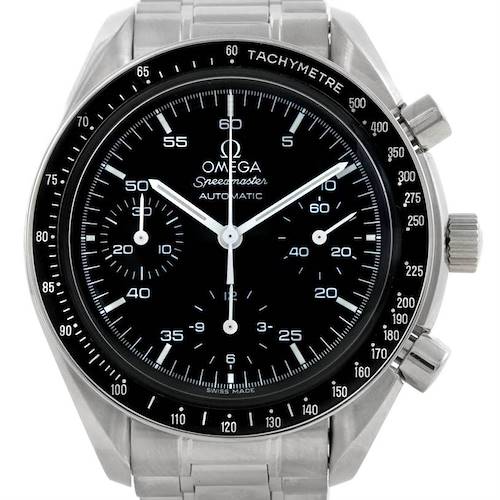 The image shows a frontal view of the Omega Speedmaster 3510.50.00 Men's Stainless Steel Black Dial 3510.50.00 Men's Stainless Steel Black Dial watch, highlighting its dial, bracelet, and chronometer pushers.