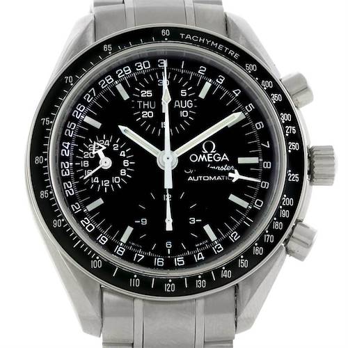 The image shows a frontal view of the Omega Speedmaster 3520.50.00 Men's Stainless Steel Black Dial 3520.50.00 Men's Stainless Steel Black Dial watch, displaying its tachymeter bezel, chronograph dials, and bracelet.