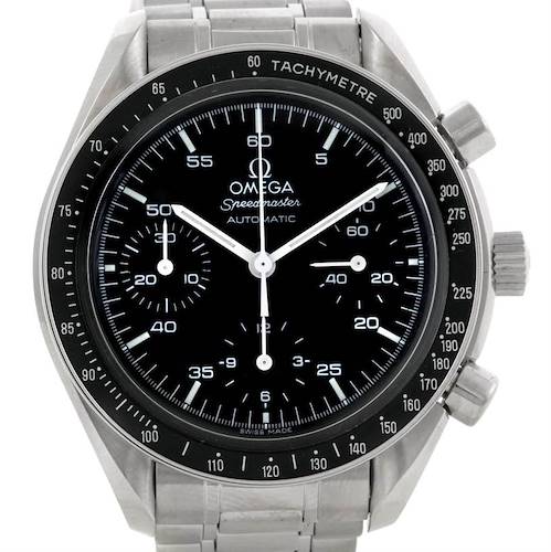 The image shows a front view of the Omega Speedmaster 3510.50.00 Men's Stainless Steel Black Dial 3510.50.00 Men's Stainless Steel Black Dial watch, highlighting the black dial, tachymeter bezel, and chronograph subdials.
