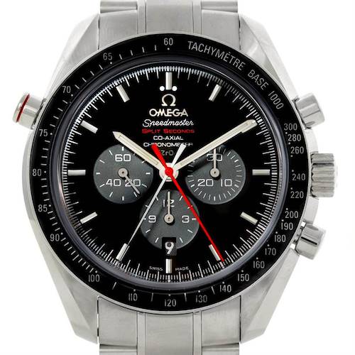 The image shows a front view of an Omega Speedmaster 311.30.44.51.01.001 Men's Stainless Steel Black Dial 311.30.44.51.01.001 Men's Stainless Steel Black Dial watch, detailing the dial, tachymeter bezel, and chronograph buttons.