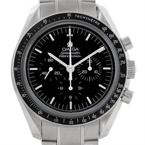 The Omega Speedmaster 3573.50.00 Men's Stainless Steel Black Dial 3573.50.00 Men's Stainless Steel Black Dial watch is shown from a front angle, highlighting the dial, tachymeter bezel, and pushers.
