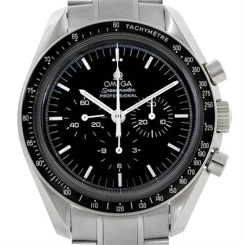 The image shows a front view of the Omega Speedmaster 3573.50.00 Men's Stainless Steel Black Dial 3573.50.00 Men's Stainless Steel Black Dial watch, highlighting its dial, markers, tachymeter bezel, and pushers.
