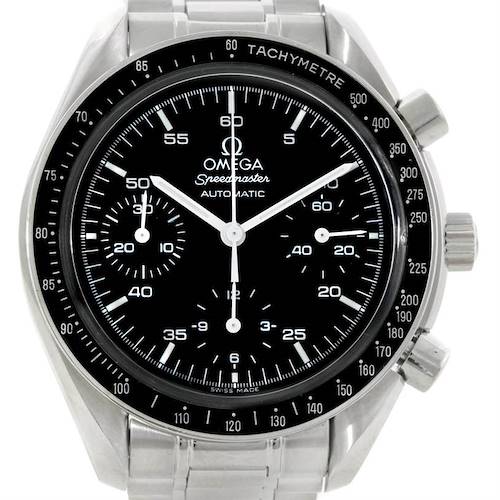 The image shows a front view of an Omega Speedmaster 3510.50.00 Men's Stainless Steel Black Dial 3510.50.00 Men's Stainless Steel Black Dial watch, displaying its black dial, chronograph subdials, and tachymeter bezel.