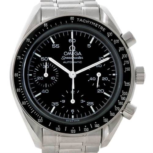 The image shows a frontal view of the Omega Speedmaster 3510.50.00 Men's Stainless Steel Black Dial 3510.50.00 Men's Stainless Steel Black Dial watch, highlighting its dial, tachymeter bezel, and stainless steel bracelet.
