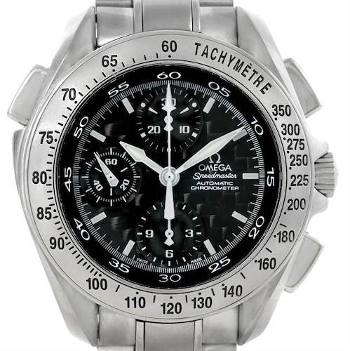 The image shows a front view of an Omega Speedmaster 3540.50.00 Men's Stainless Steel Black Dial 3540.50.00 Men's Stainless Steel Black Dial watch, highlighting the dial, markers, tachymeter, and stainless steel strap.