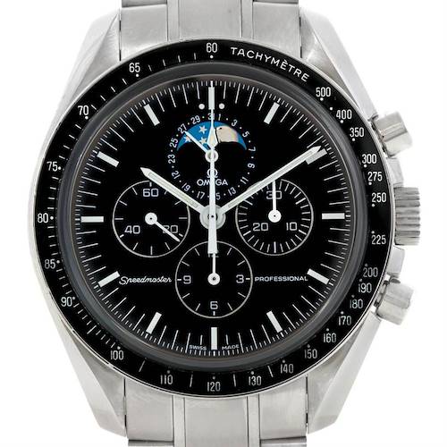 The image shows the dial of an Omega Speedmaster 3576.50.00 Men's Stainless Steel Black Dial 3576.50.00 Men's Stainless Steel Black Dial watch with its tachymeter scale, subdials, and moon phase feature.