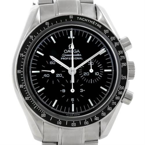 The image shows a front view of an Omega Speedmaster 3560.50.00 Men's Stainless Steel Black Dial 3560.50.00 Men's Stainless Steel Black Dial watch, highlighting the dial, tachymeter bezel, and stainless steel bracelet.