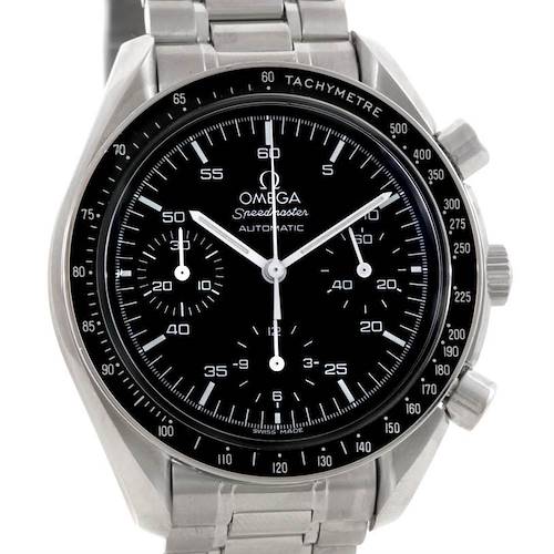 This image shows a frontal view of the Omega Speedmaster 3510.50.00 Men's Stainless Steel Black Dial 3510.50.00 Men's Stainless Steel Black Dial watch, highlighting the dial, bezel, and bracelet.