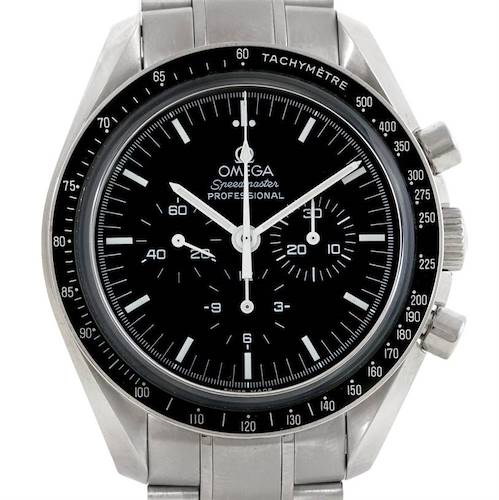 The image shows a front view of an Omega Speedmaster 3573.50.00 Men's Stainless Steel Black Dial 3573.50.00 Men's Stainless Steel Black Dial Professional watch, displaying its dial and tachymeter bezel.