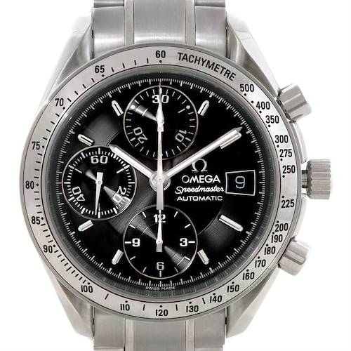 The image shows a frontal view of the Omega Speedmaster 3513.50.00 Men's Stainless Steel Black Dial 3513.50.00 Men's Stainless Steel Black Dial watch, highlighting its dial, chronograph subdials, tachymeter bezel, and metal bracelet.