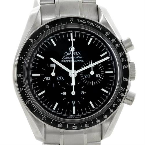 The image shows a front view of the Omega Speedmaster 3570.50.00 Men's Stainless Steel Black Dial 3570.50.00 Men's Stainless Steel Black Dial watch, highlighting its dial, bezel, and metal bracelet.