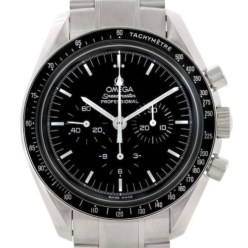 The image shows a front view of an Omega Speedmaster 3570.50.00 Men's Stainless Steel Black Dial 3570.50.00 Men's Stainless Steel Black Dial watch, highlighting the dial, hands, bezel, and chronograph pushers.