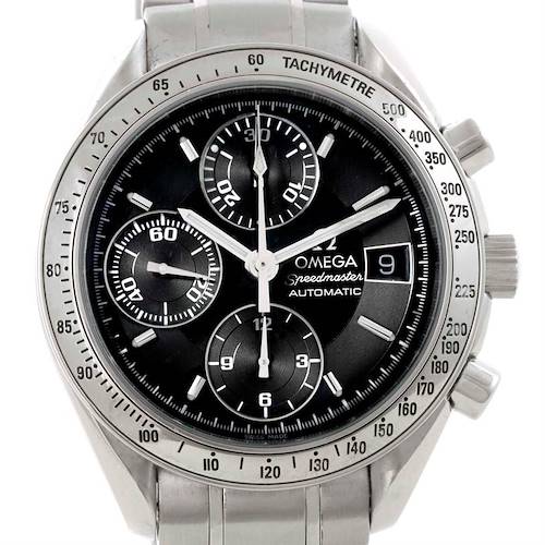 The image shows the front view of an Omega Speedmaster 3513.50.00 Men's Stainless Steel Black Dial 3513.50.00 Men's Stainless Steel Black Dial watch, detailing the dial, sub-dials, date, and tachymeter.