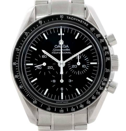 This image shows a front view of the Omega Speedmaster 3570.50.00 Men's Stainless Steel Black Dial 3570.50.00 Men's Stainless Steel Black Dial Professional watch, displaying its dial, bezel, and bracelet.