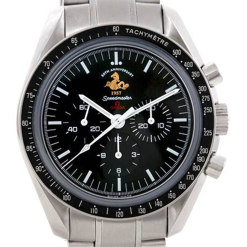 This image shows a frontal view of the Omega Speedmaster 311.30.42.30.01.001 Men's Stainless Steel Black Dial 311.30.42.30.01.001 Men's Stainless Steel Black Dial watch, featuring its dial, hands, bezel, and part of its bracelet.