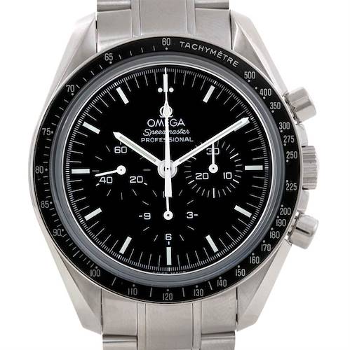 The image shows a frontal view of the Omega Speedmaster 3573.50.00 Men's Stainless Steel Black Dial 3573.50.00 Men's Stainless Steel Black Dial wristwatch, highlighting its dial, tachymetre bezel, and stainless steel bracelet.