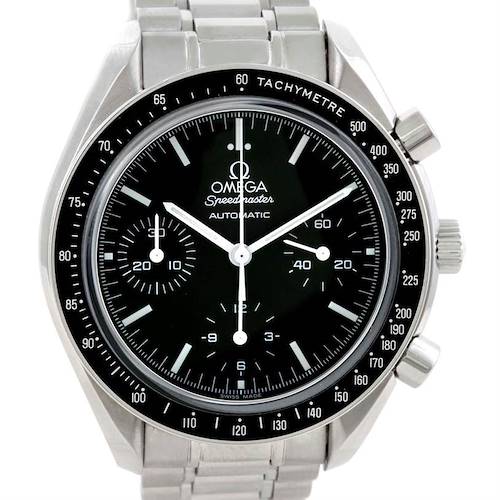 The image shows a front view of the Omega Speedmaster 3539.50.00 Men's Stainless Steel Black Dial 3539.50.00 Men's Stainless Steel Black Dial watch, highlighting its dial, bezel, and bracelet.