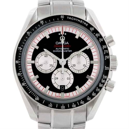 The image shows a front view of the Omega Speedmaster 3507.51.00 Men's Stainless Steel Black Dial 3507.51.00 Men's Stainless Steel Black Dial watch, highlighting its dial, chronograph subdials, and tachymeter bezel.
