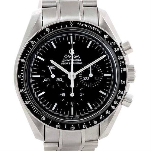 The Omega Speedmaster 3570.50.00 Men's Stainless Steel Black Dial 3570.50.00 Men's Stainless Steel Black Dial watch is shown from the front, displaying the dial, tachymeter bezel, and stainless steel bracelet.