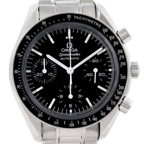 The image shows a frontal view of the Omega Speedmaster 3539.50.00 Men's Stainless Steel Black Dial 3539.50.00 Men's Stainless Steel Black Dial watch, highlighting its dial, tachymeter bezel, and subdials.