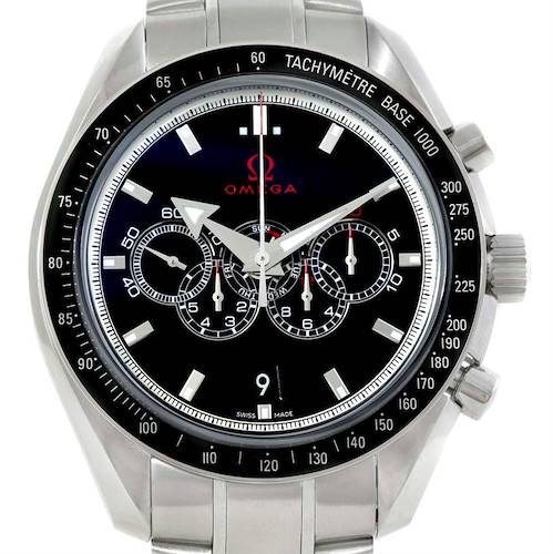 The image shows a front view of an Omega Speedmaster 321.30.44.52.01.001 Men's Stainless Steel Black Dial 321.30.44.52.01.001 Men's Stainless Steel Black Dial watch, displaying its dial, hands, subdials, and tachymeter bezel.