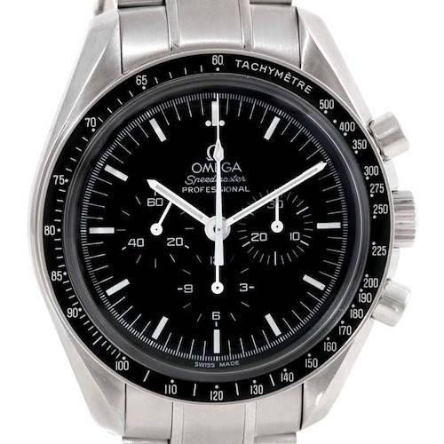The image shows a front view of the Omega Speedmaster 3570.50.00 Men's Stainless Steel Black Dial 3570.50.00 Men's Stainless Steel Black Dial watch, highlighting its black dial, chronograph sub-dials, and stainless steel bracelet.