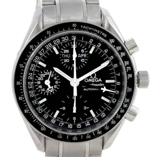 This is a close-up, front-facing view of an Omega Speedmaster 3520.50.00 Men's Stainless Steel Black Dial 3520.50.00 Men's Stainless Steel Black Dial watch showing its dial, tachymeter bezel, and metal bracelet.