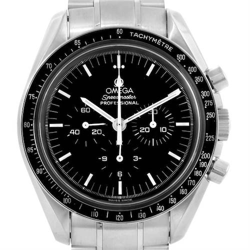 The image shows a front view of the Omega Speedmaster 3572.50.00 Men's Stainless Steel Black Dial 3572.50.00 Men's Stainless Steel Black Dial watch, highlighting its dial, bezel, and stainless steel bracelet.
