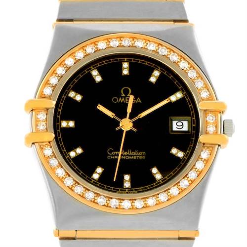 The Omega Constellation Men's Steel and Gold (two tone) Black Dial Men's Steel and Gold (two tone) Black Dial watch is shown from the front angle, displaying its bezel, dial, hands, date feature, and bracelet.