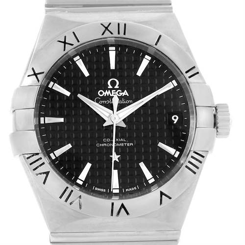 This image shows a close-up, front view of the Omega Constellation 123.10.38.21.01.002 Men's Stainless Steel Black Dial 123.10.38.21.01.002 Men's Stainless Steel Black Dial watch, highlighting the dial, bezel, and crown.