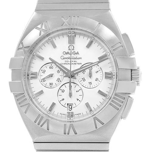 The image shows a front view of the Omega Constellation 1514.20.00 Men's Stainless Steel White Dial 1514.20.00 Men's Stainless Steel White Dial watch, highlighting the dial, chronograph subdials, and bezel.