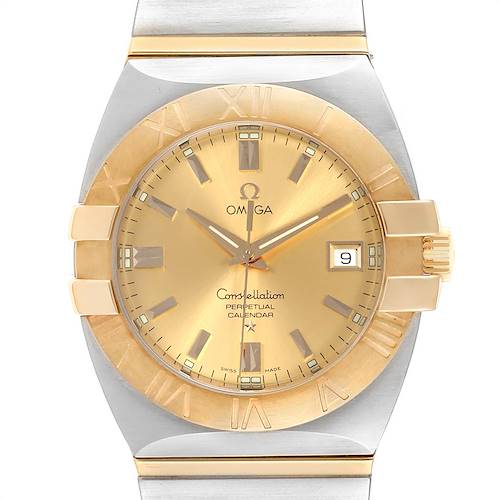 This image shows a front view of an Omega Constellation 1211.10.00 Men's Steel and Gold (two tone) Champagne Dial 1211.10.00 Men's Steel and Gold (two tone) Champagne Dial model, highlighting the dial, bezel, and part of the bracelet.