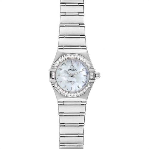The image shows a front view of an Omega Constellation 1466.71.00 Women's Stainless Steel Mother of Pearl Dial 1466.71.00 Women's Stainless Steel Mother of Pearl Dial watch, featuring its dial, bezel, and stainless steel bracelet.