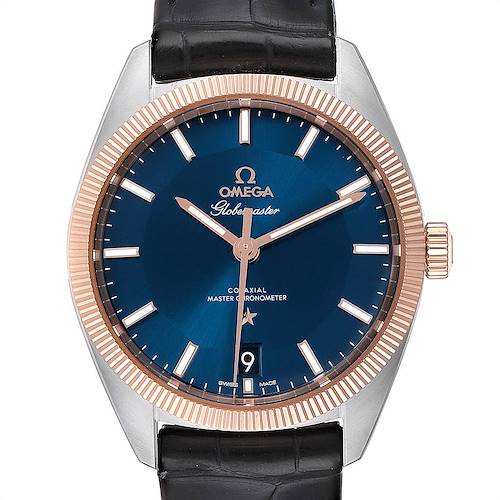 The image shows a front view of the Omega Constellation 130.23.39.21.03.001 Men's Steel and Gold (two tone) Blue Dial 130.23.39.21.03.001 Men's Steel and Gold (two tone) Blue Dial watch, highlighting its dial, hands, bezel, and leather strap.