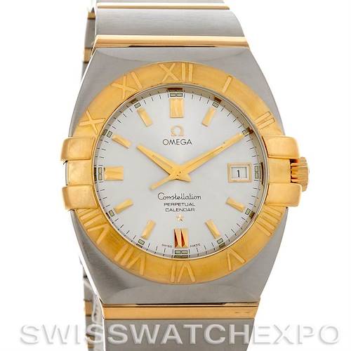 The image shows a front view of an Omega Constellation 1211.30.00 OR 12133000 Men's Steel and Gold (two tone) Silver Dial 1211.30.00 OR 12133000 Men's Steel and Gold (two tone) Silver Dial model watch with a metal band and a date feature.