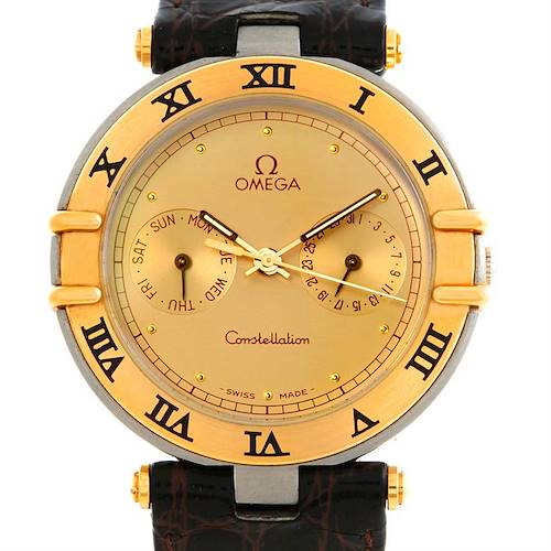 The image shows a frontal view of the Omega Constellation Men's Steel and Gold (two tone) Champagne Dial Men's Steel and Gold (two tone) Champagne Dial watch, highlighting the dial, bezel, and strap attachment.