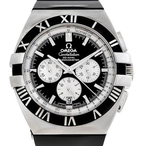 This image shows the front view of an Omega Constellation 1819.51.91 Men's Stainless Steel Black Dial 1819.51.91 Men's Stainless Steel Black Dial watch with a black dial and subdials.