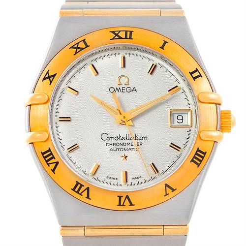 The image shows a front view of the Omega Constellation 1202.30.00 Men's Steel and Gold (two tone) Silver Dial 1202.30.00 Men's Steel and Gold (two tone) Silver Dial watch, displaying the dial, bezel, and part of the bracelet.