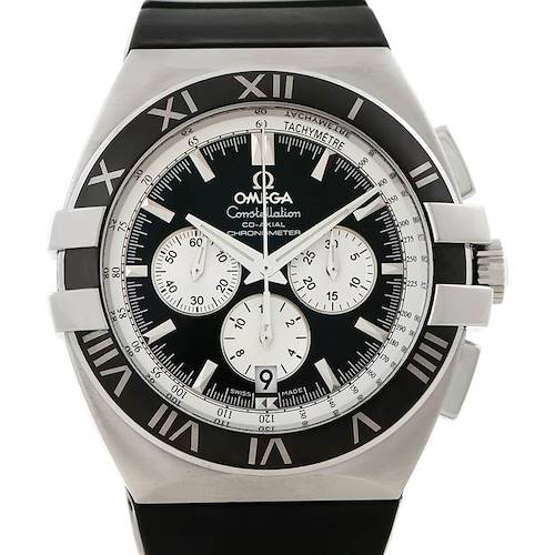 The image shows a front view of an Omega Constellation 1819.51.91 Men's Stainless Steel Black Dial 1819.51.91 Men's Stainless Steel Black Dial watch, featuring its dial, bezel with Roman numerals, and chronograph subdials.