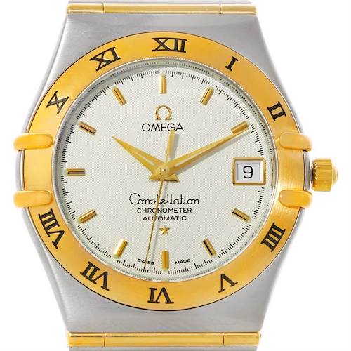 This image shows the front view of an Omega Constellation 1202.30.00 Men's Steel and Gold (two tone) Silver Dial 1202.30.00 Men's Steel and Gold (two tone) Silver Dial watch, highlighting the dial, bezel, hands, and crown.
