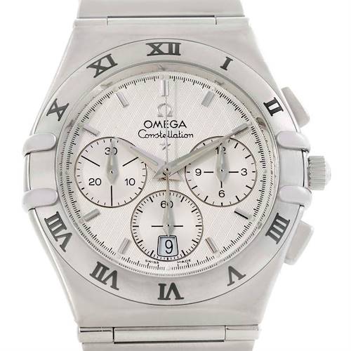 The image shows the Omega Constellation 1542.30.00 Men's Stainless Steel Silver Dial 1542.30.00 Men's Stainless Steel Silver Dial watch face directly from the front, highlighting the dial and bezel with Roman numerals.