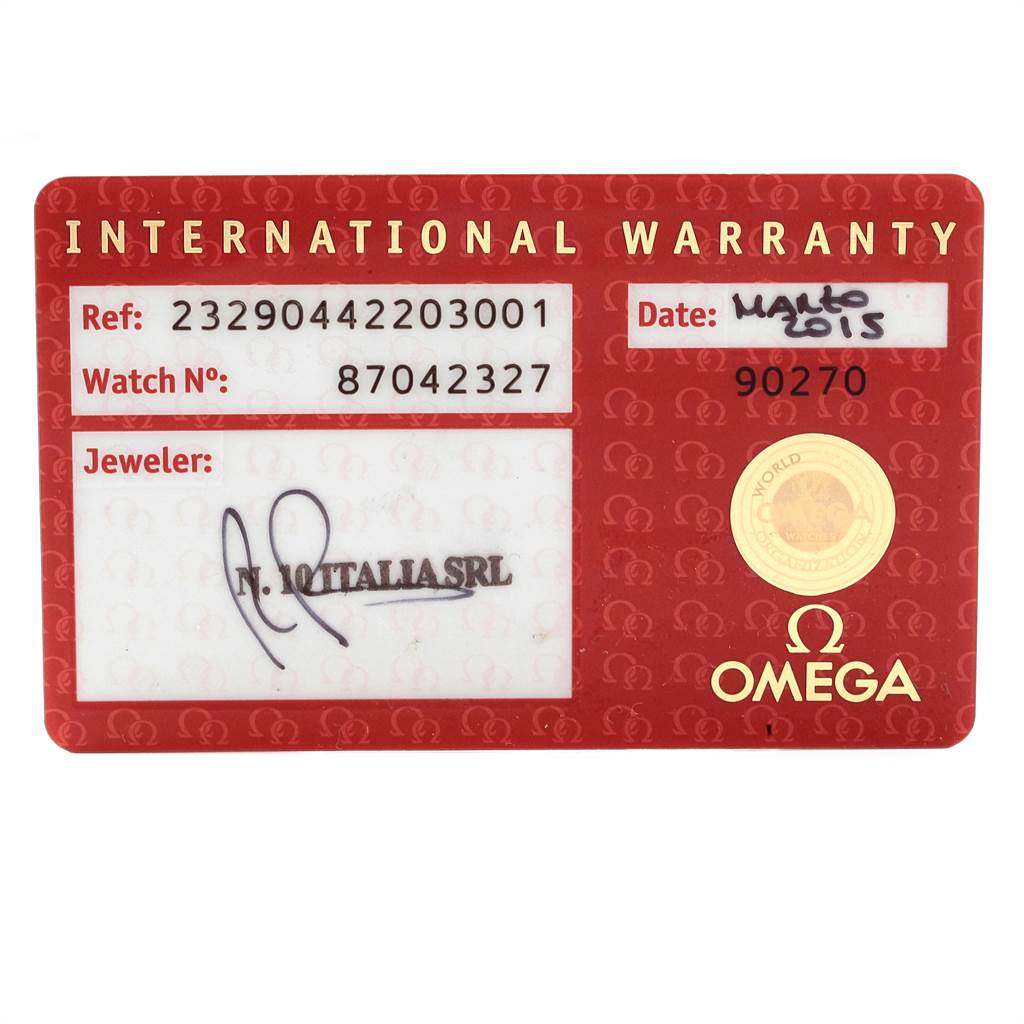 The image shows the international warranty card for the Omega Planet Ocean 232.90.44.22.03.001 Men's Titanium Blue Dial 232.90.44.22.03.001 Men's Titanium Blue Dial watch model.