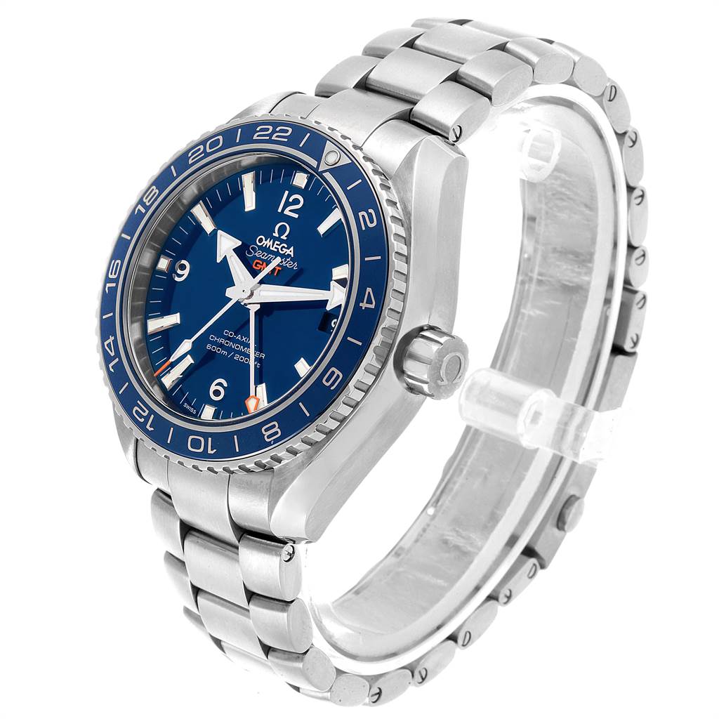 This image shows the Omega Planet Ocean 232.90.44.22.03.001 Men's Titanium Blue Dial 232.90.44.22.03.001 Men's Titanium Blue Dial model from an angled side view, highlighting the dial, bezel, crown, and bracelet.