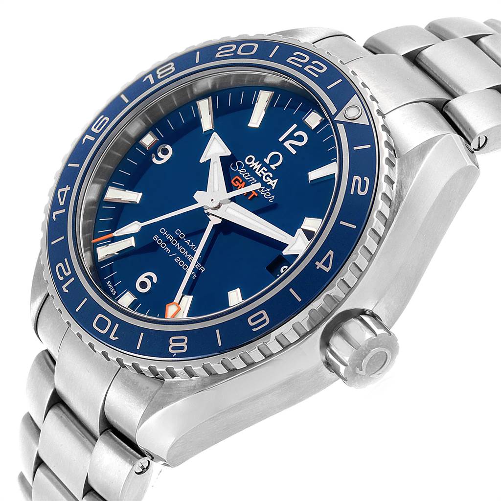 The image shows an Omega Planet Ocean 232.90.44.22.03.001 Men's Titanium Blue Dial 232.90.44.22.03.001 Men's Titanium Blue Dial watch at an angle highlighting its dial, bezel, crown, and stainless steel bracelet.