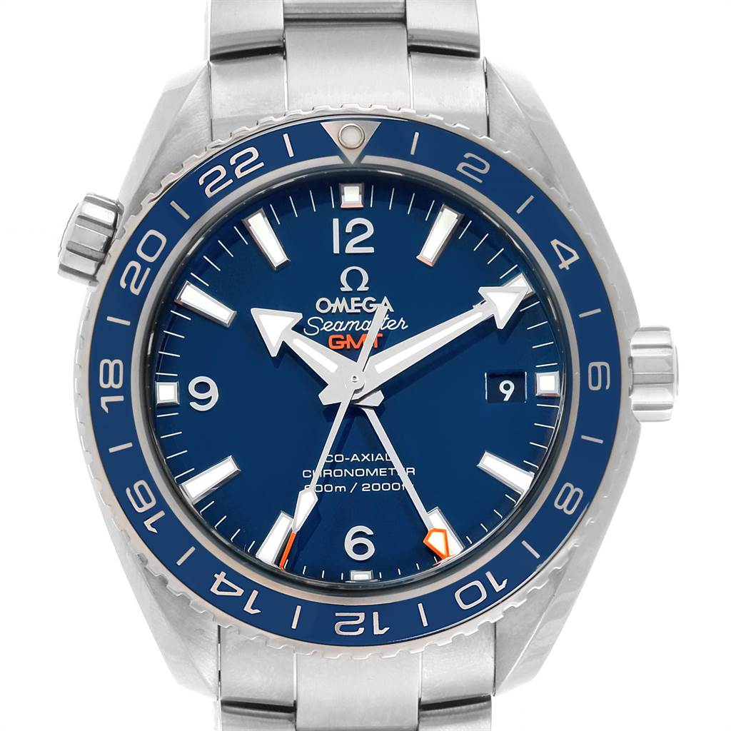 This image shows a front view of the Omega Planet Ocean 232.90.44.22.03.001 Men's Titanium Blue Dial 232.90.44.22.03.001 Men's Titanium Blue Dial Seamaster watch, highlighting its blue dial and stainless steel bracelet.