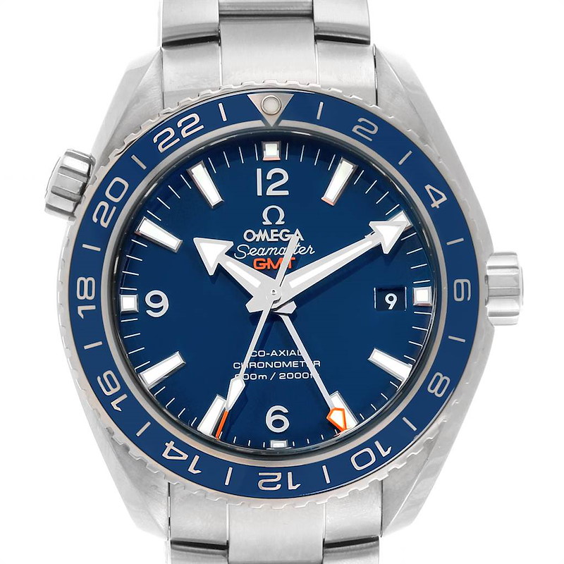 This image shows a front view of the Omega Planet Ocean 232.90.44.22.03.001 Men's Titanium Blue Dial 232.90.44.22.03.001 Men's Titanium Blue Dial Seamaster watch, highlighting its blue dial and stainless steel bracelet.