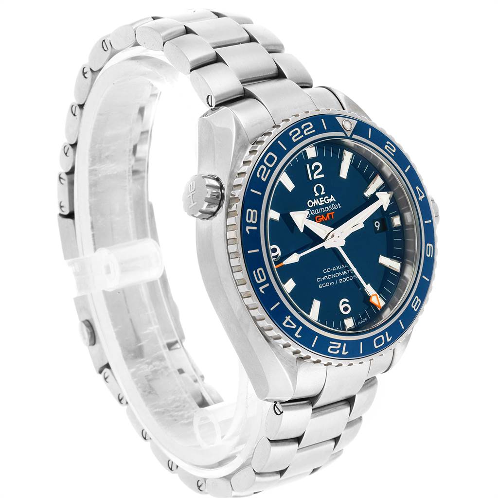 The image displays an Omega Planet Ocean 232.90.44.22.03.001 Men's Titanium Blue Dial 232.90.44.22.03.001 Men's Titanium Blue Dial model watch at a three-quarter angle showing the face, bezel, crown, and metal bracelet.